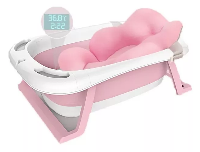 Bañera Plegable Grande Bebe Con Cojin Seguridad Rosada